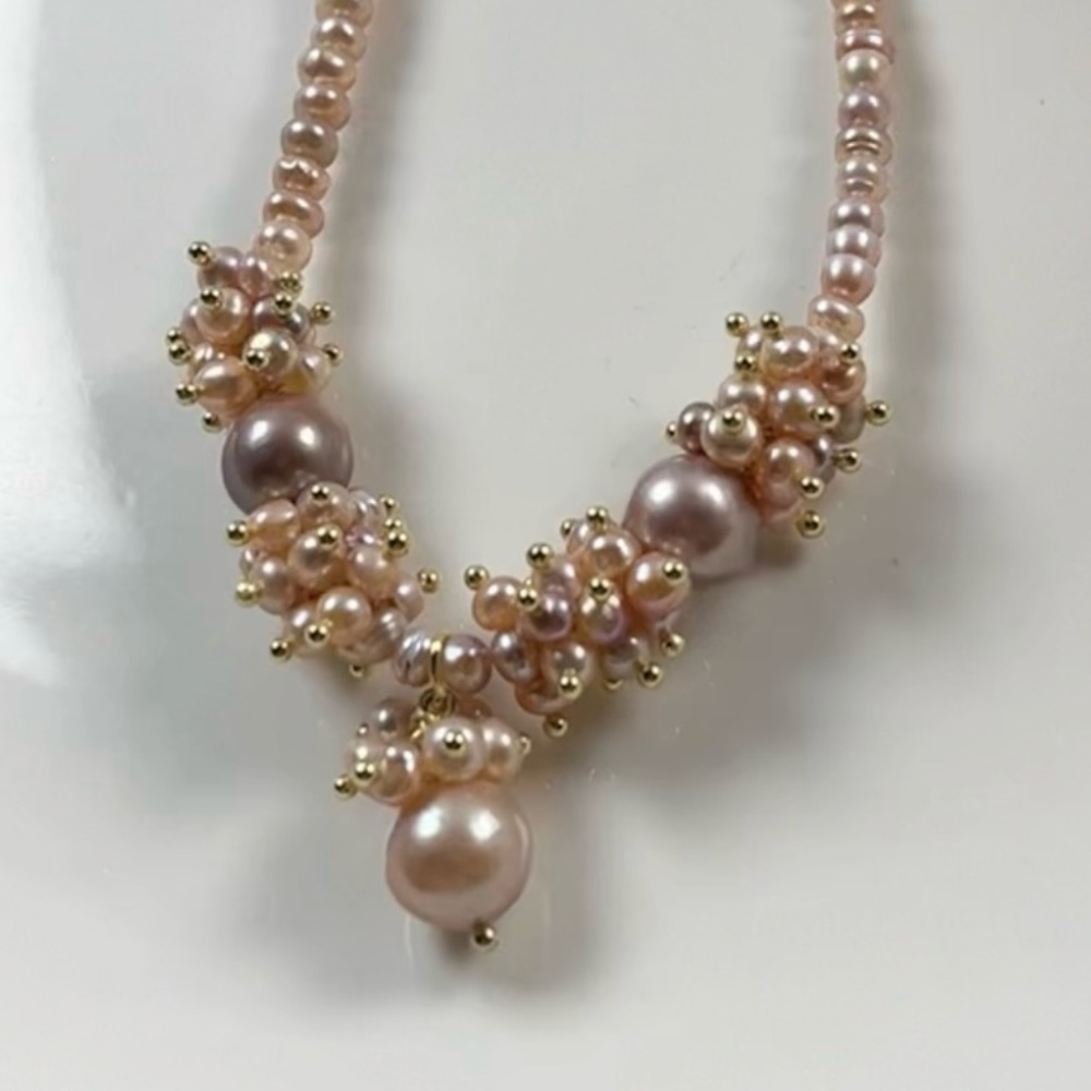 Pink & Purple Cluster Baroque Genuine Pearl Necklace & Earrings Set 16 inches